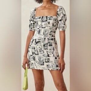 Reformation kaley mini dress, size 8, newsprint black-and-white new with tags